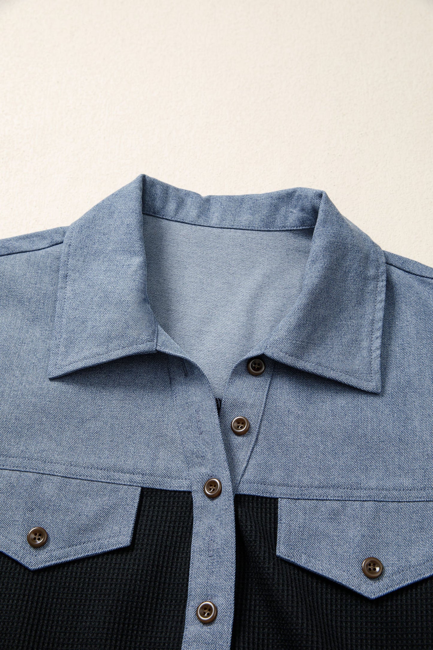 Colorblock Denim Waffle Knit Patchwork Polo Top