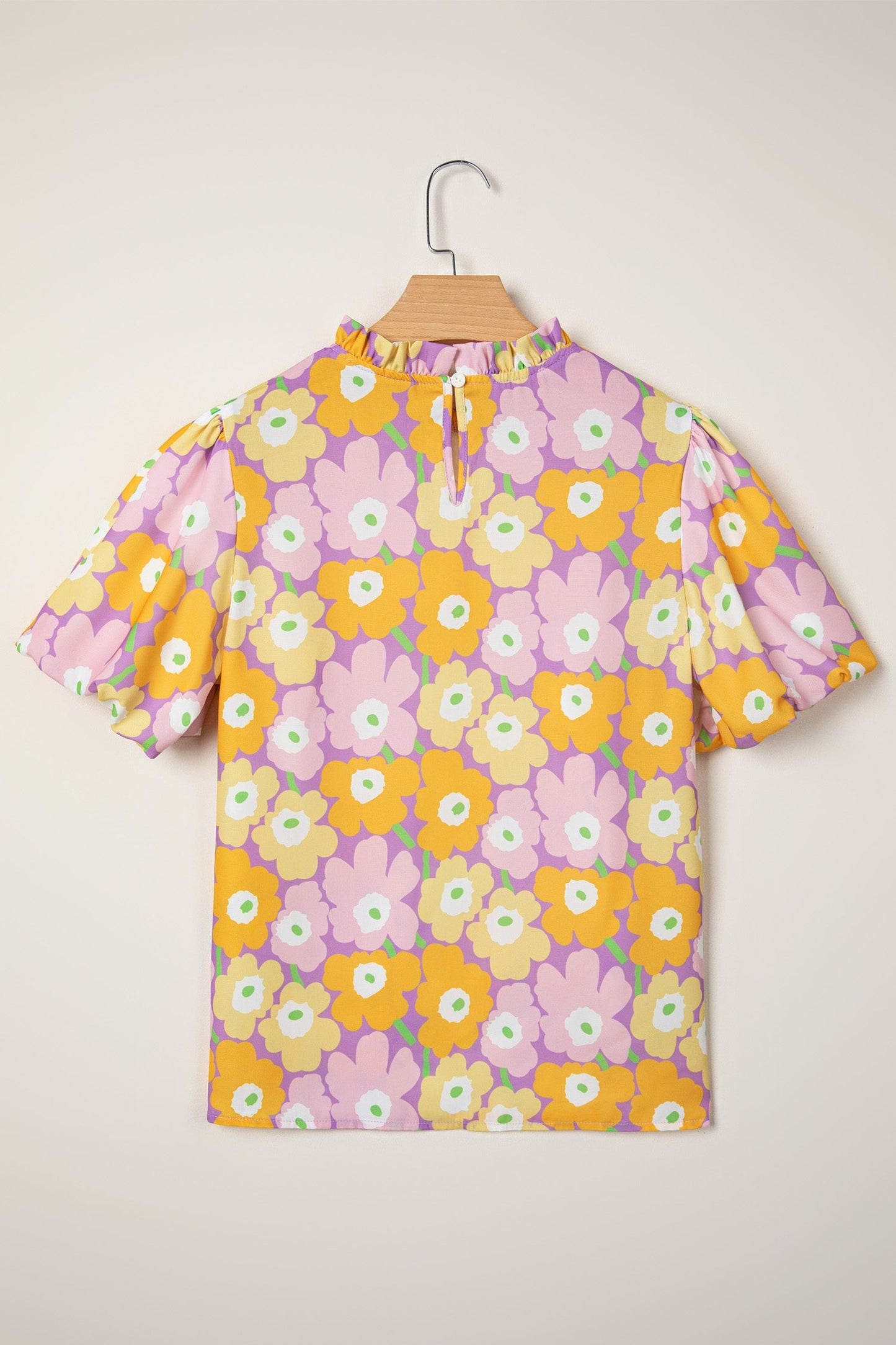Floral Frilled Neck Puff Short Sleeve Top