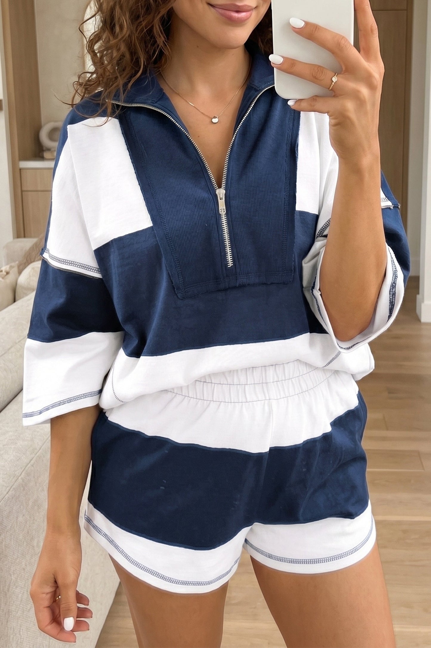 Stripe Colorblock Reverse Seam Top and Shorts Set