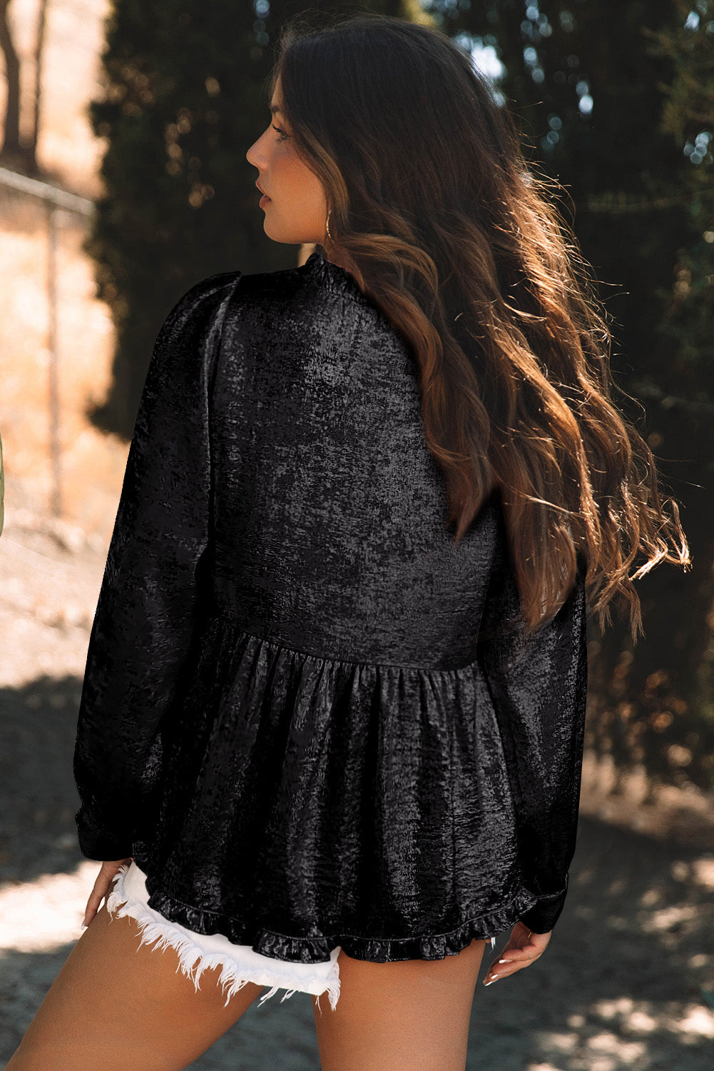 Solid Metallic V-Neck Puff Sleeve Babydoll Blouse
