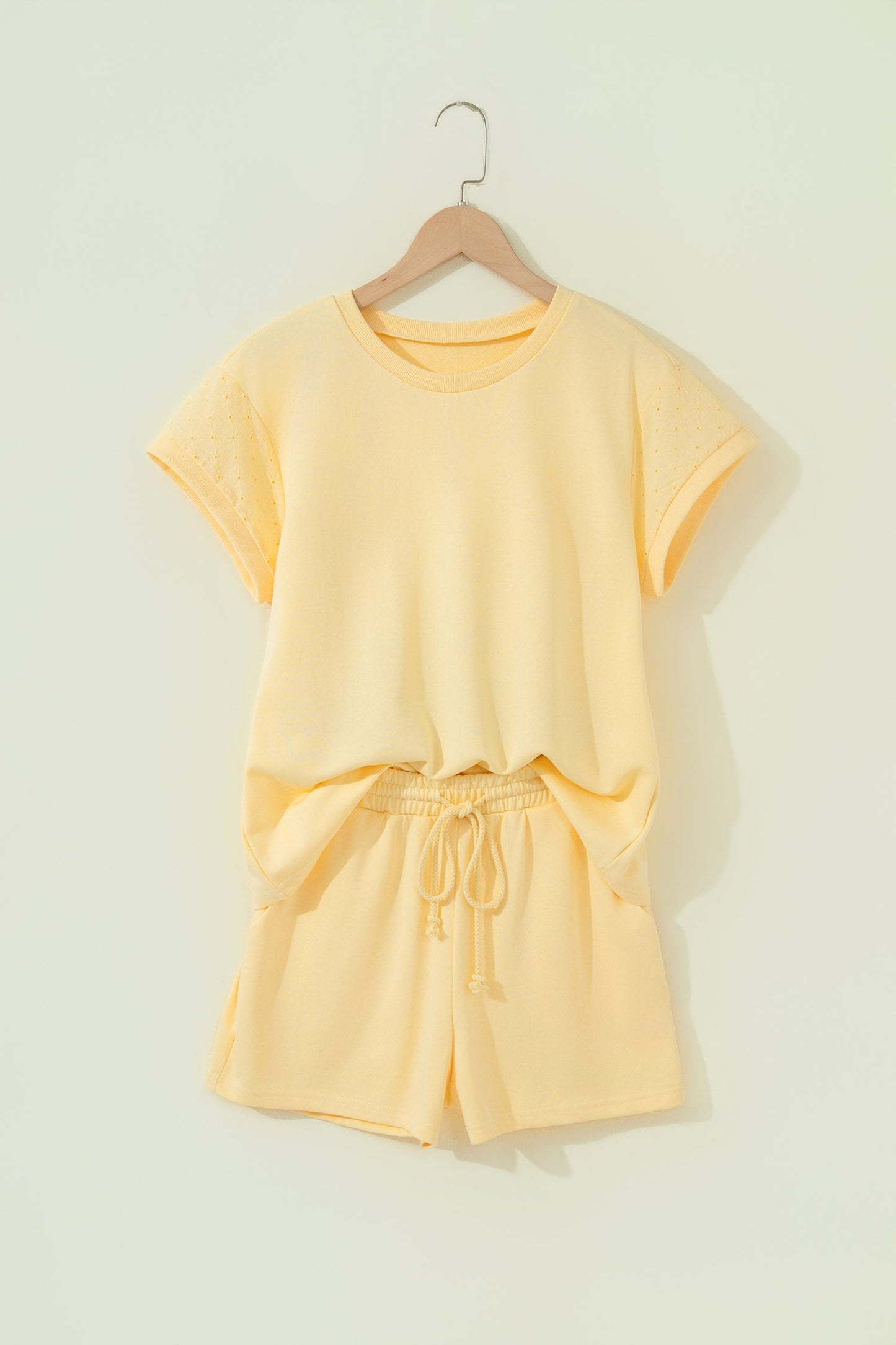 Solid Embroidered Eyelet Patchwork Top & Shorts Set