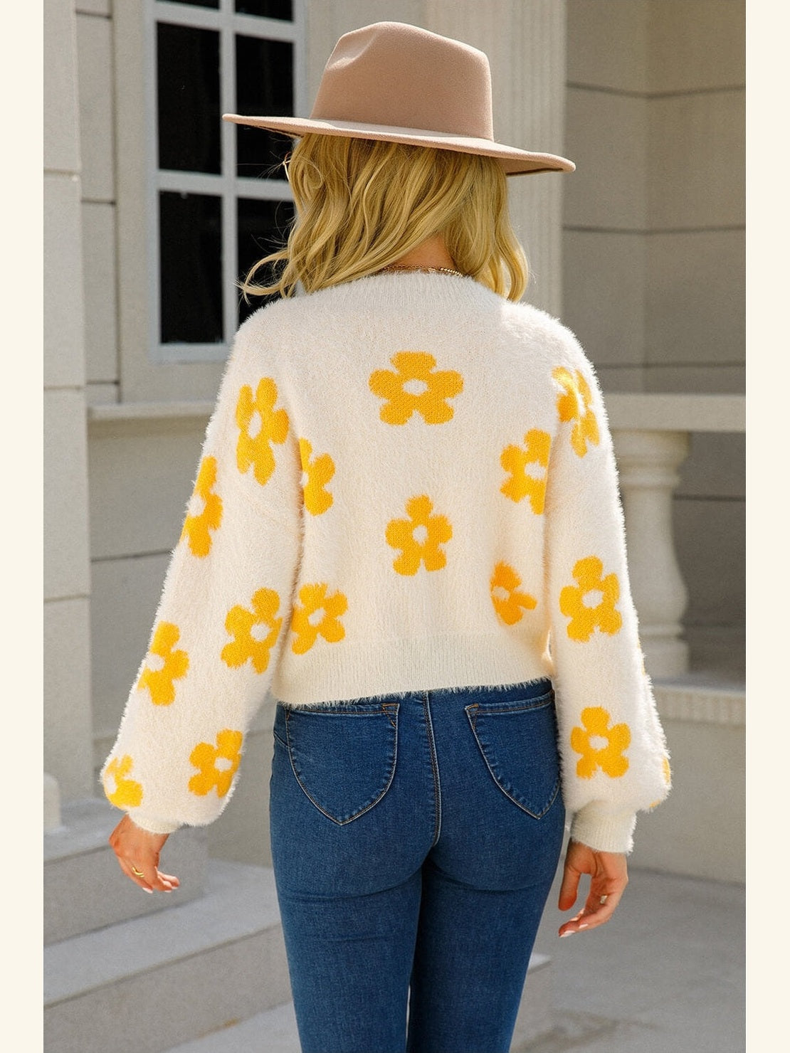 Women Floral Open Front Fuzzy Cardigan Sweater