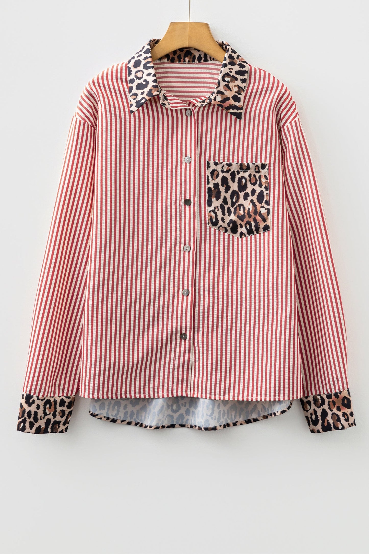 Stripe Leopard Patchwork Long Sleeve Buttoned Shirt