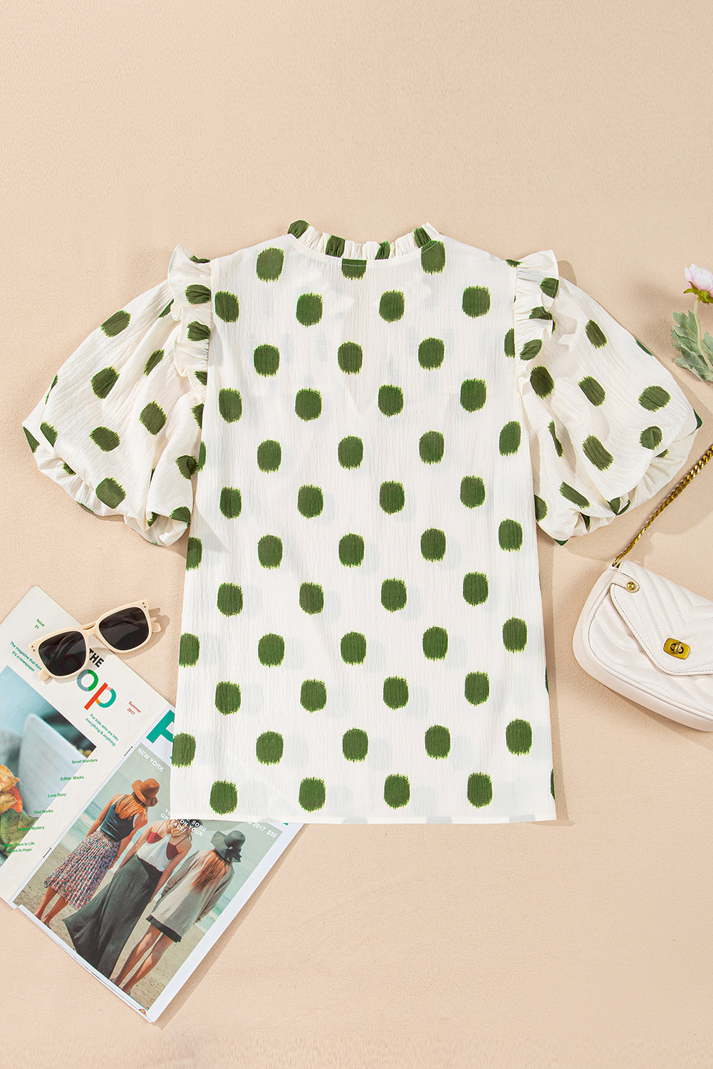 Notched Neck Shirred Yoke Balloon Sleeve Blouse