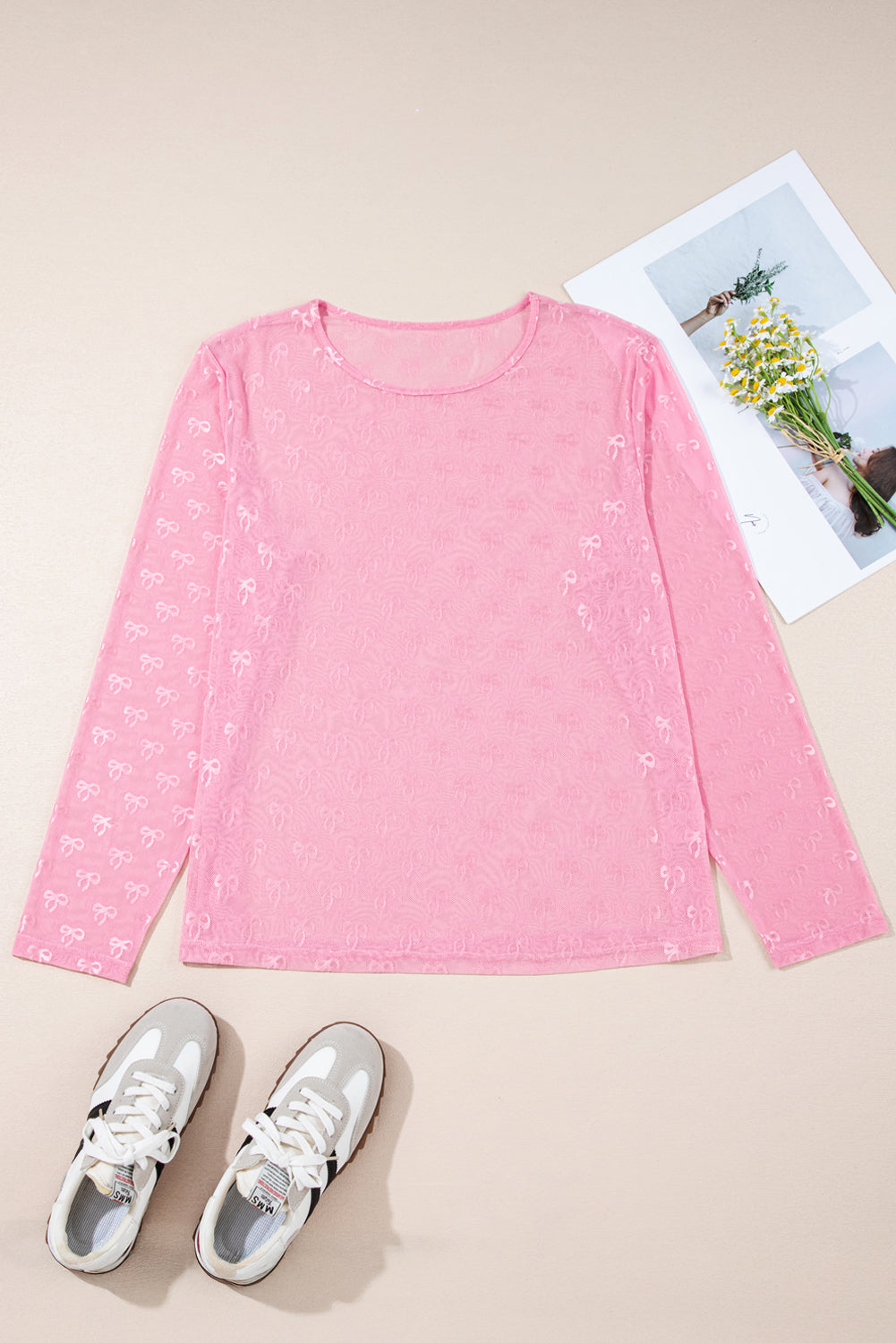 Plus Size Bow Embroidered Long Sleeve Mesh Top