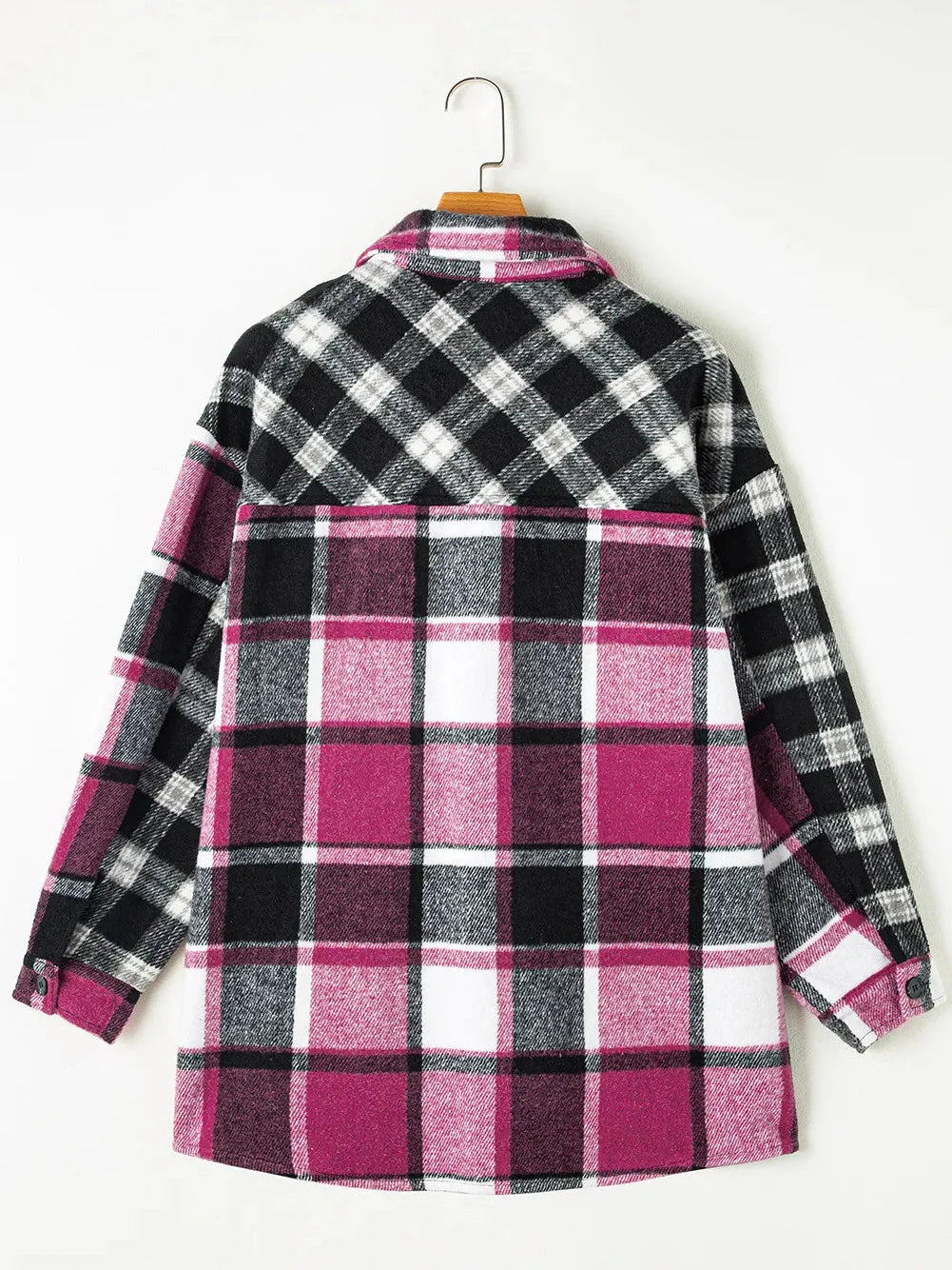 Women Pocketed Plaid Collared Neck Long Sleeve Shacket