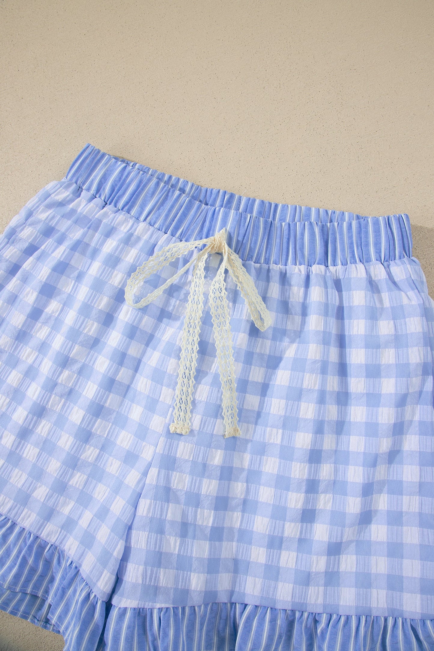 Gingham Ruffle Stripe Patchwork Lace Tie Shorts