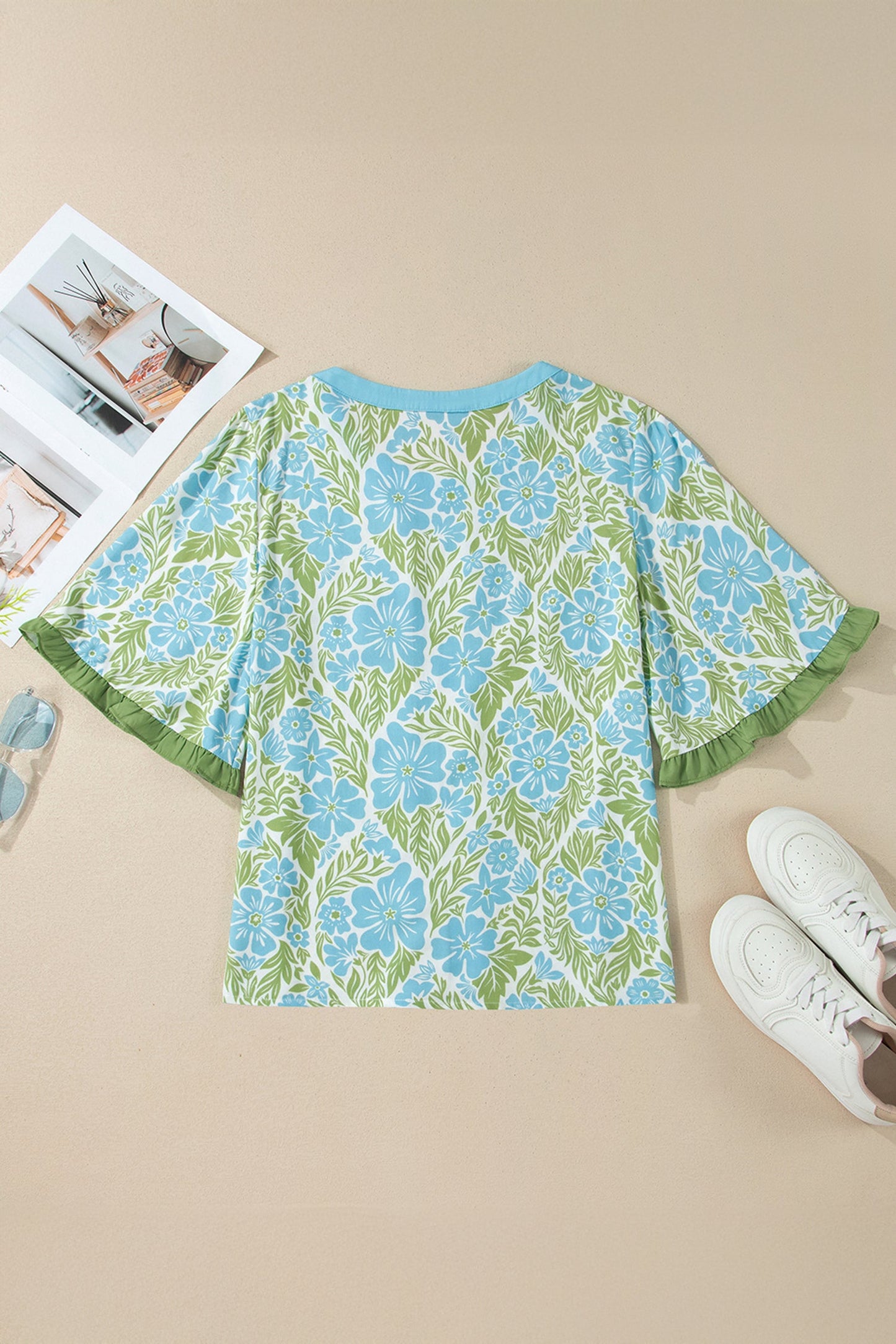 Floral Ruffle Colorblock Trim 3/4 Sleeve Blouse