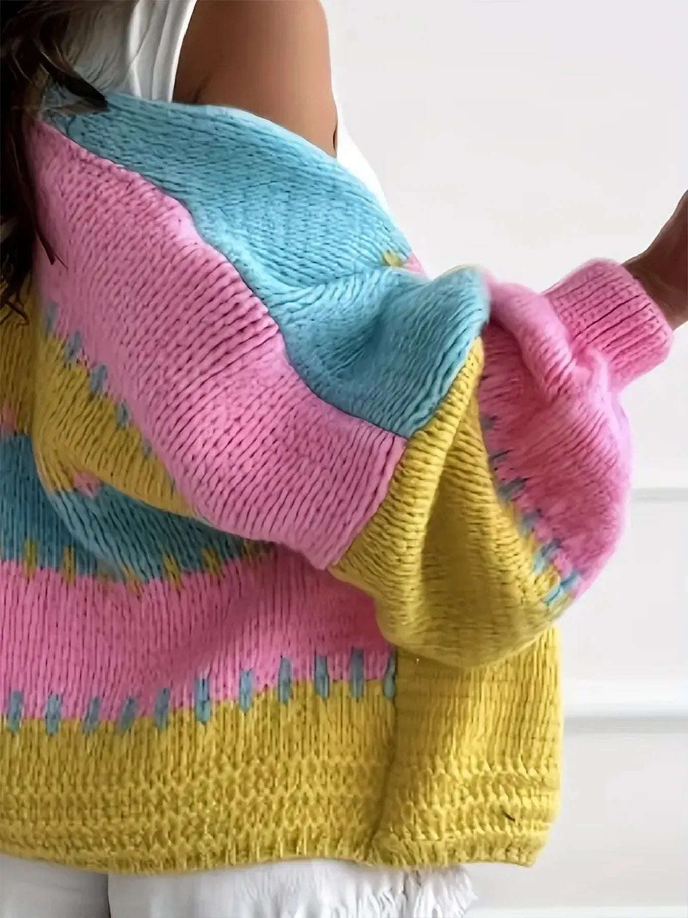 Women Color Block Drop Shoulder Cardigan