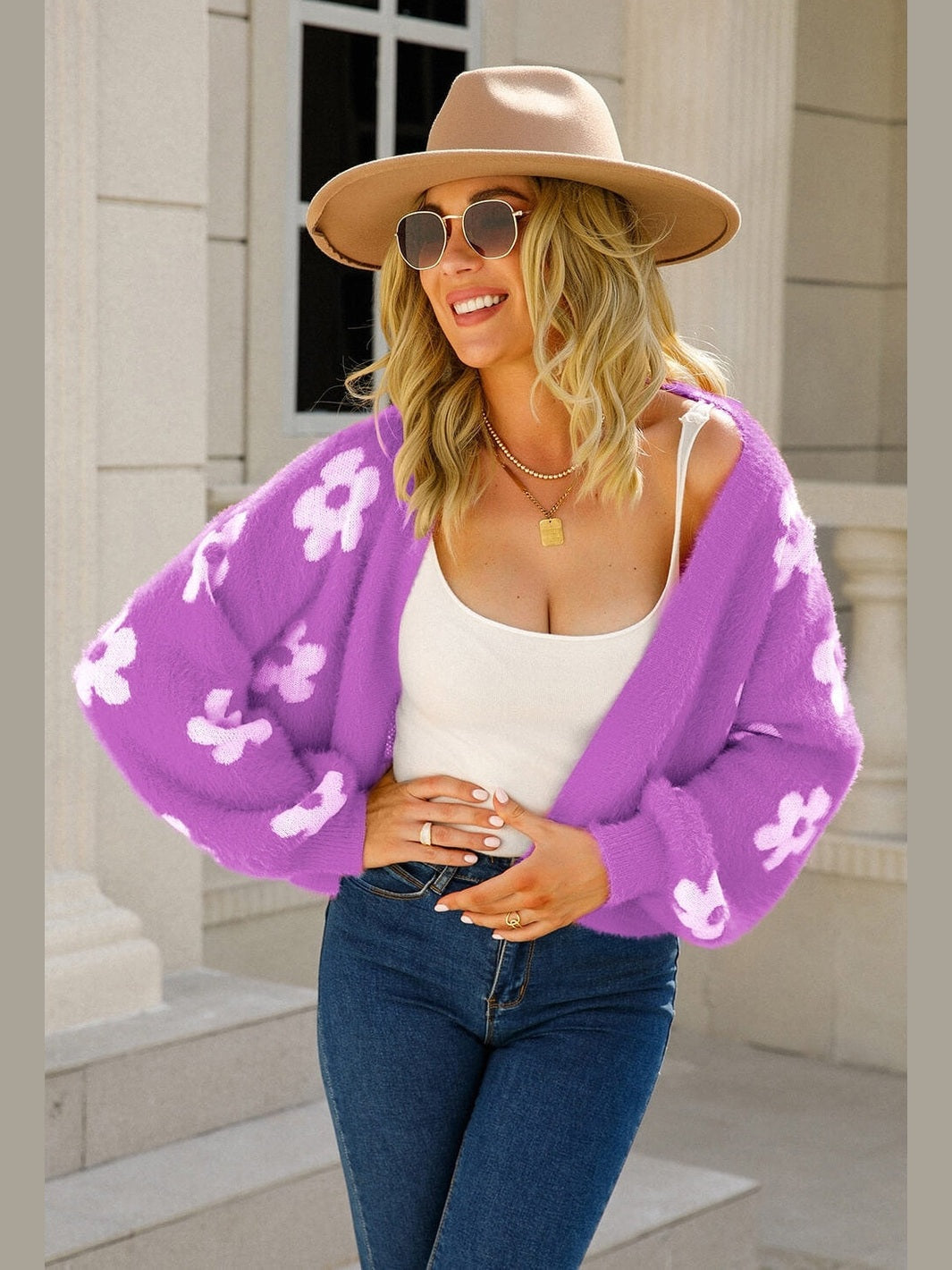 Women Floral Open Front Fuzzy Cardigan Sweater