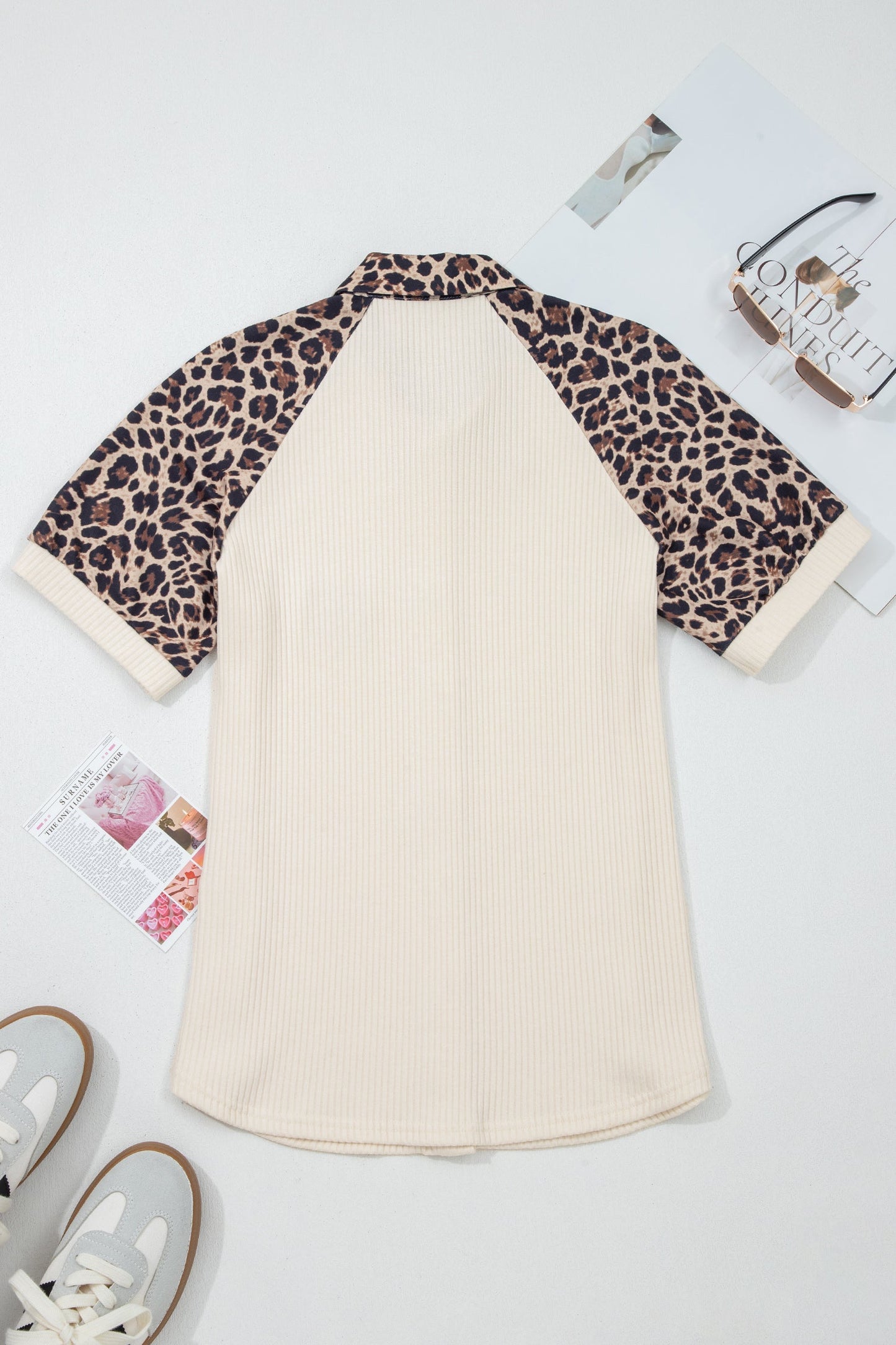 Leopard Patchwork Ribbed Button Down Shirt