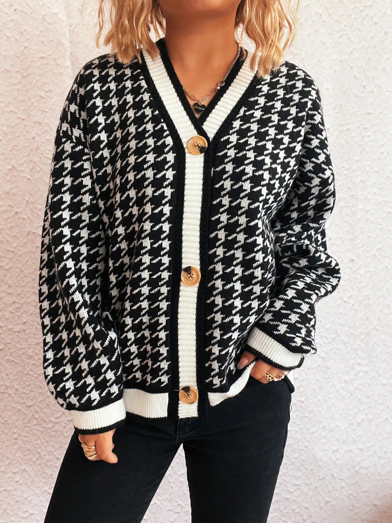 Women Houndstooth Pattern V-Neck Button-Up Cardigan Sweater