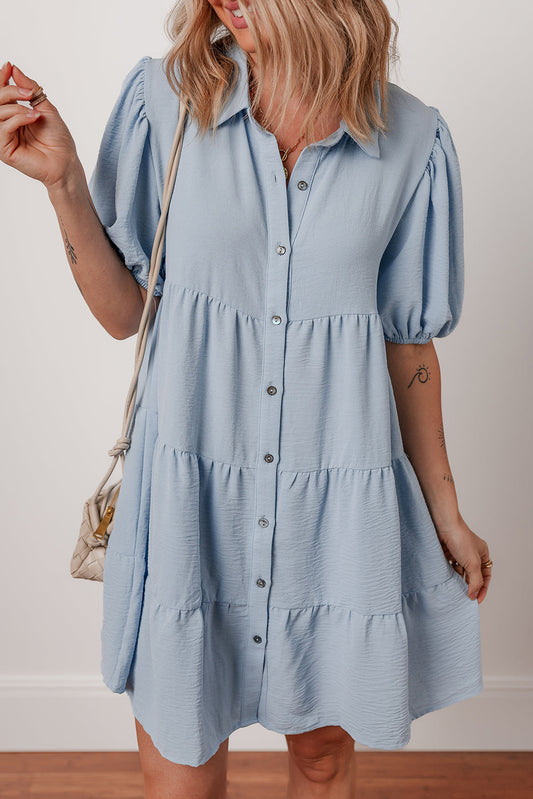 Solid Button-Up Collared Tiered Dress
