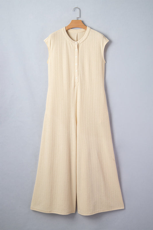 Ribbed Knit Half Buttoned Wide Leg Jumpsuit