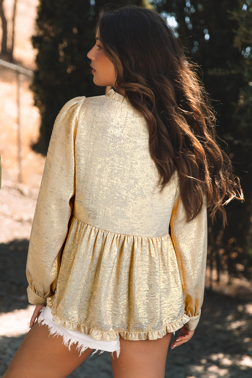 Solid Metallic V-Neck Puff Sleeve Babydoll Blouse