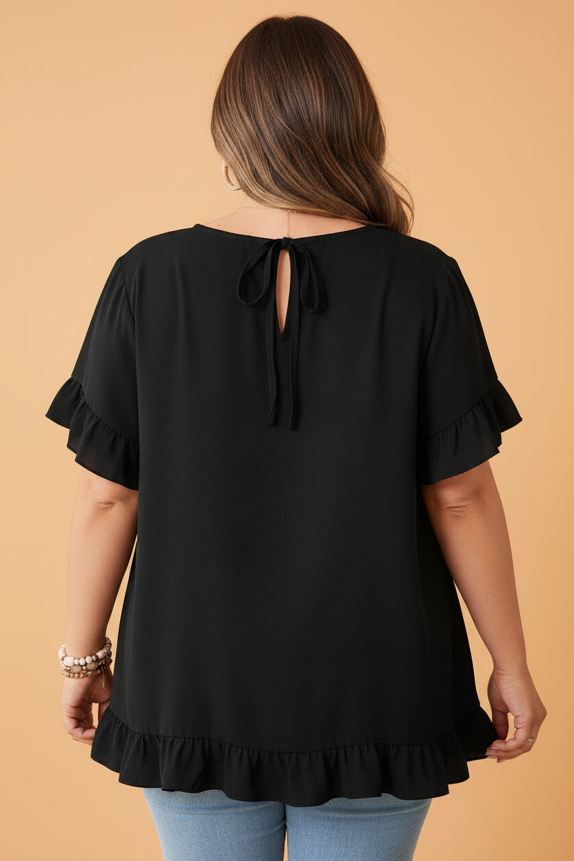 Plus Size Solid Ruffle Trim Petal Sleeve Tee