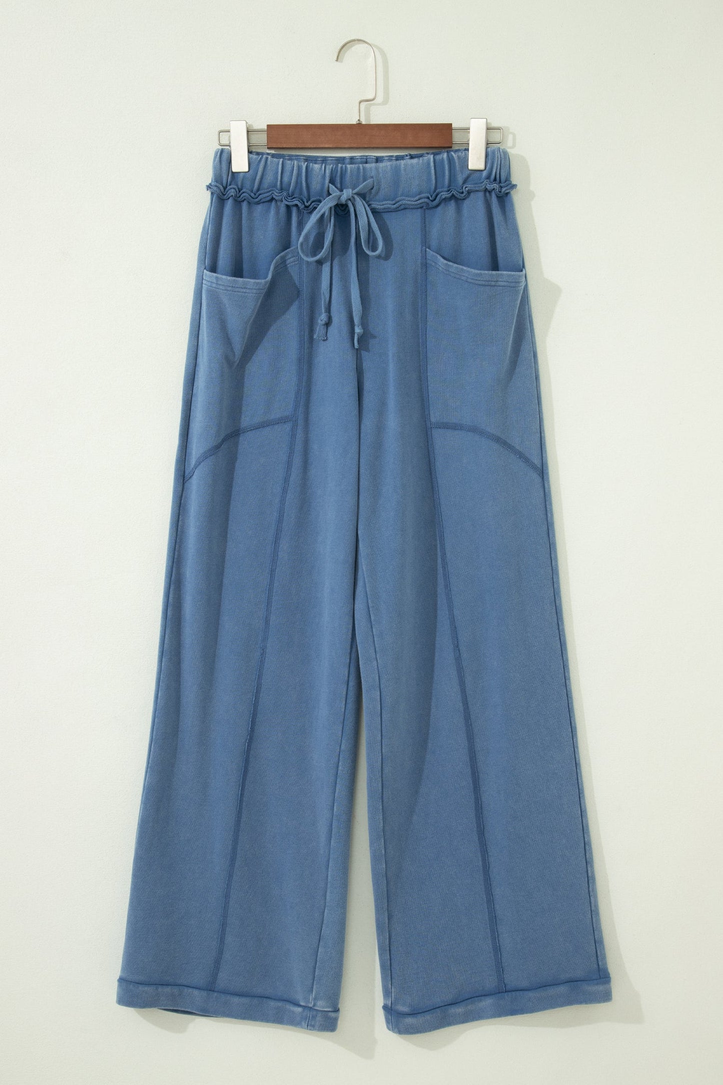 Solid Mineral Wash Drawstring Wide Leg Pants