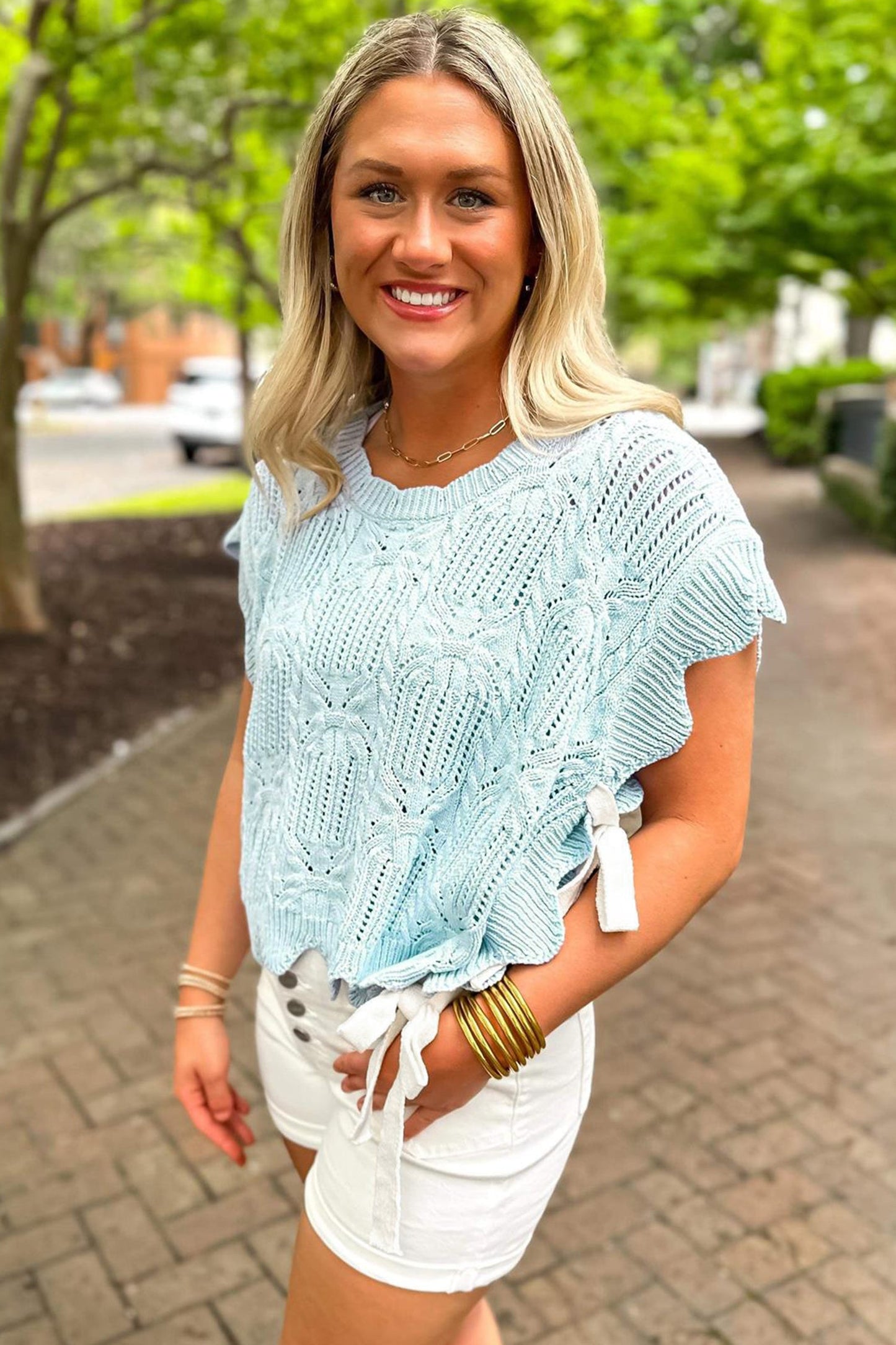 Pointelle Knit Scallop Trim Short Sleeve Sweater