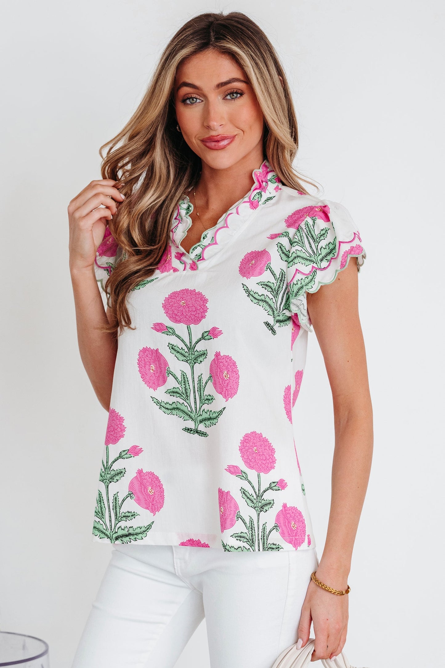 Flower Scallop Contrast Trim Short Sleeve Blouse