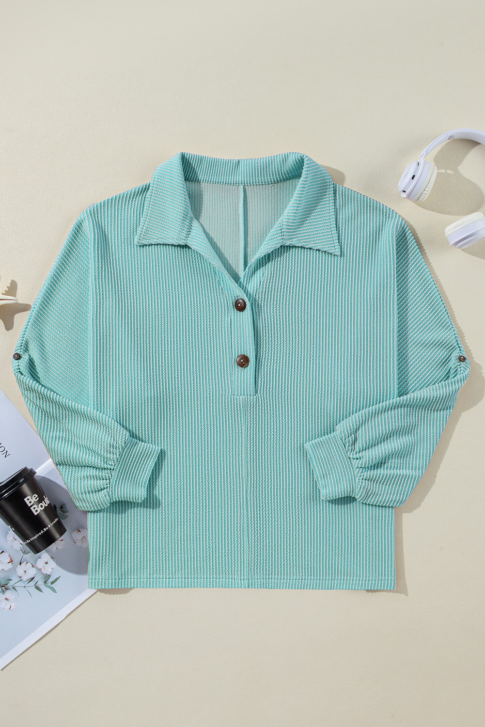 Corded Knit Roll-Up Sleeve Collared Henley Top