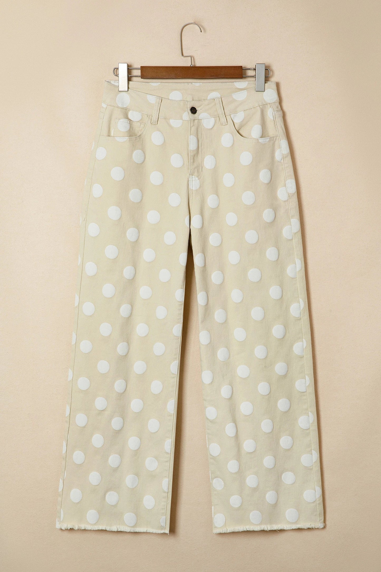 Polka Dot Denim Raw Hem High Waist Jeans