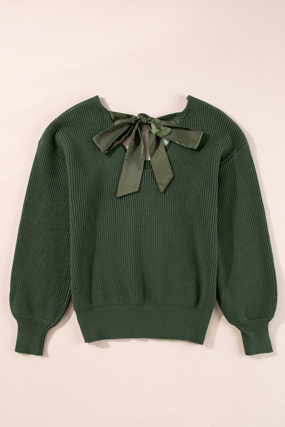 Bow Back  Lantern Sleeve V-Neck Sweater