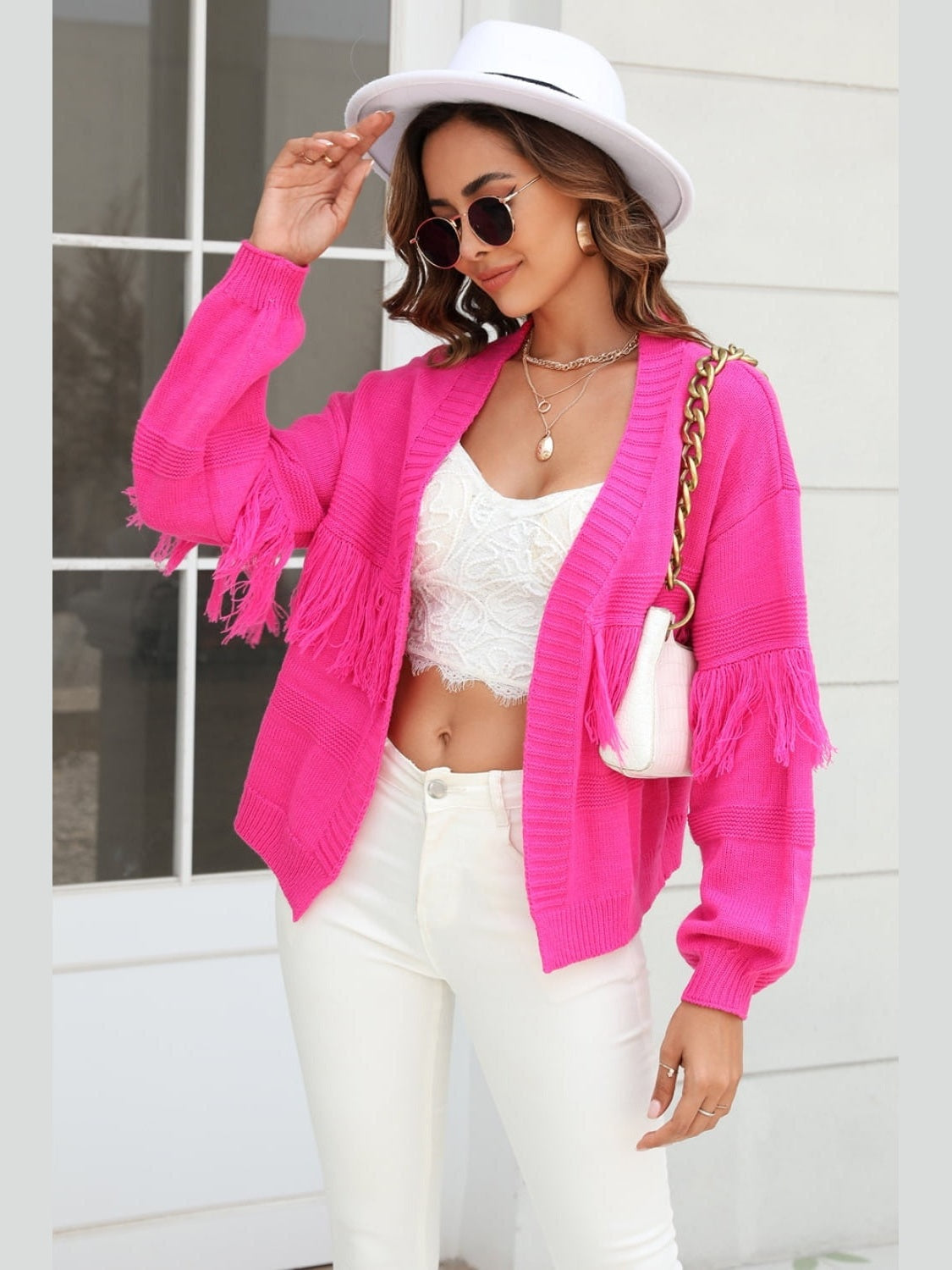 Women Double Take Fringe Trim Open Front Cardigan Sweater