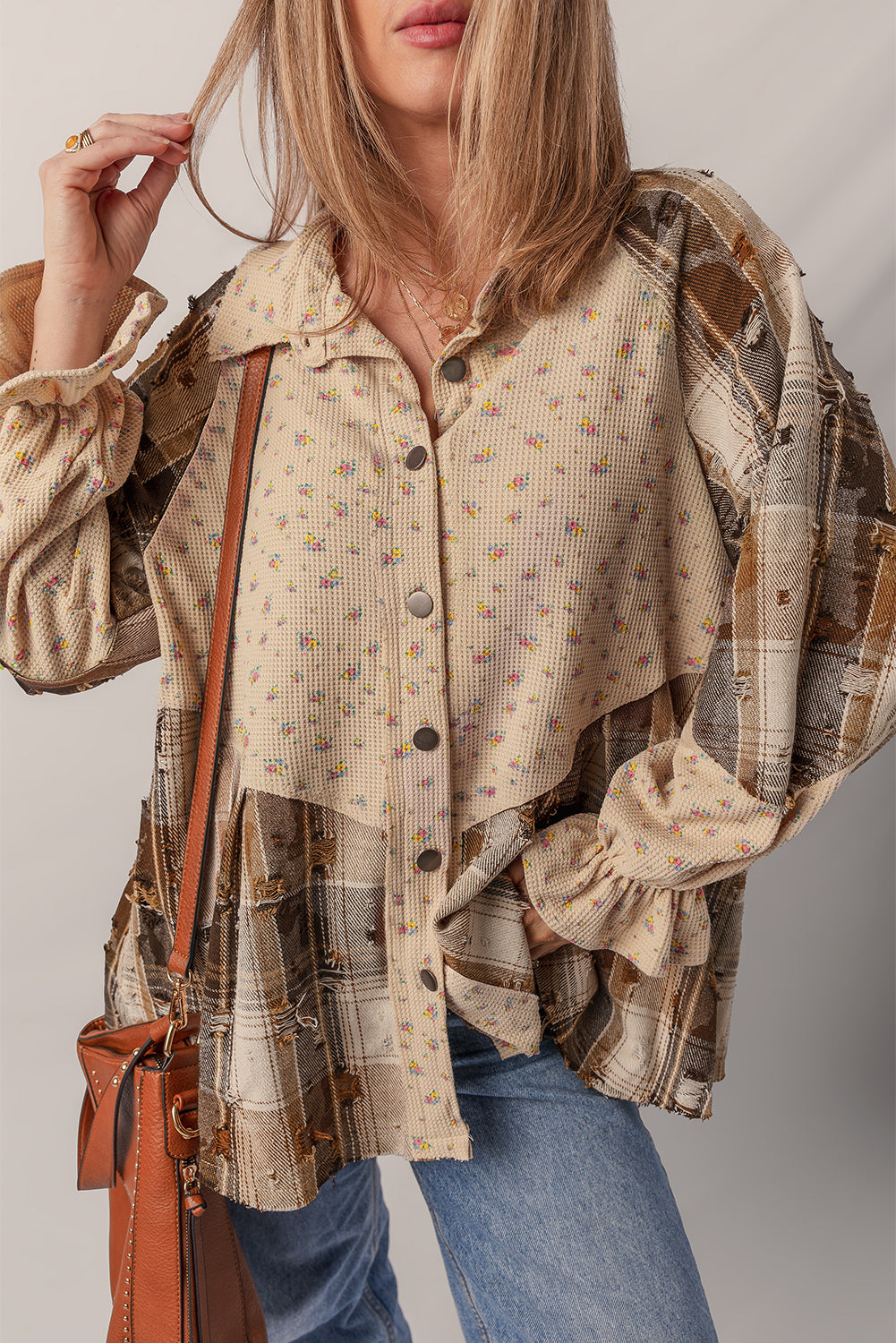 Boho Floral Plaid Patchwork Ruffle Sleeve Waffle Shacket