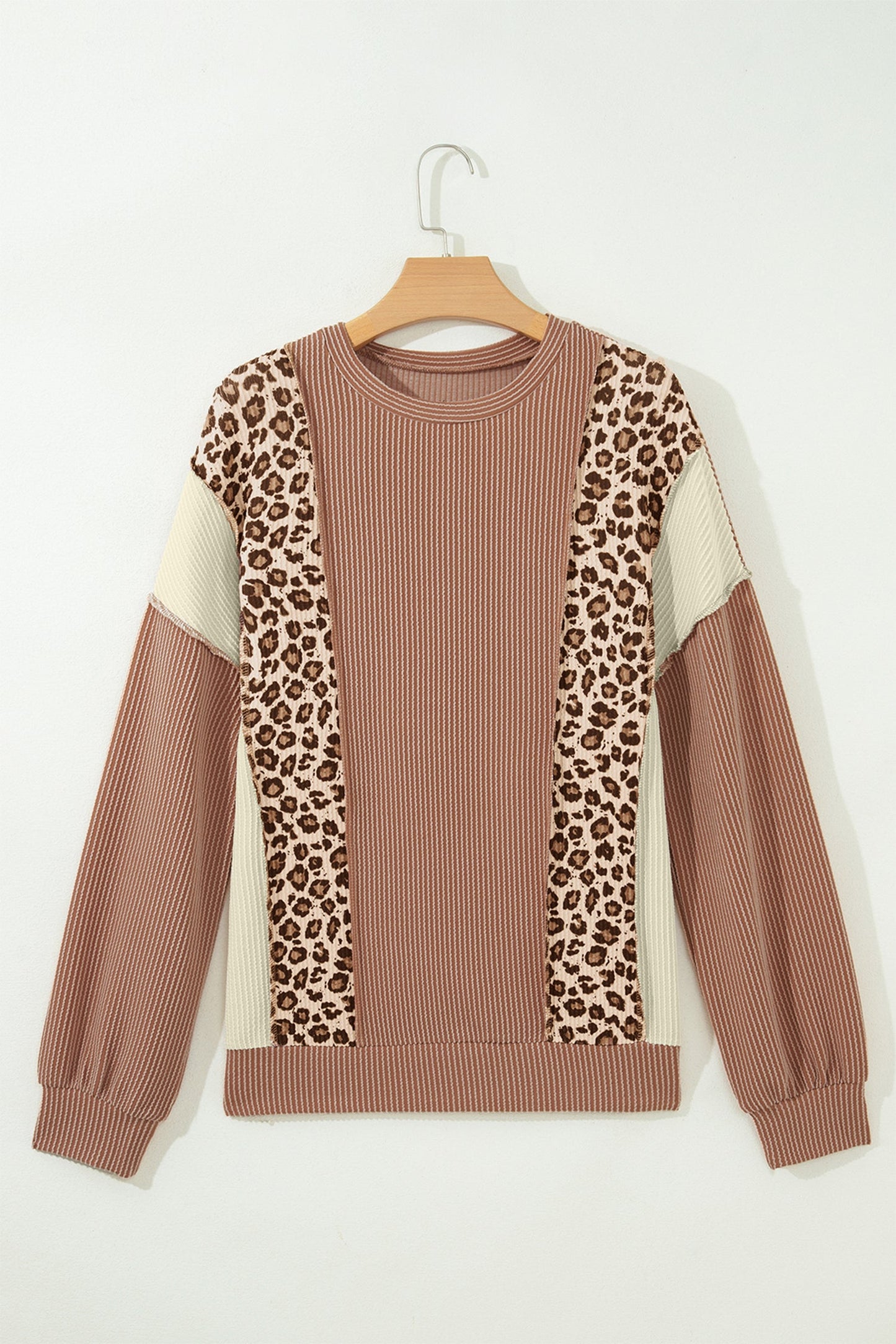 Leopard Colorblock Reverse Seam Corded Knit Long Sleeve Top