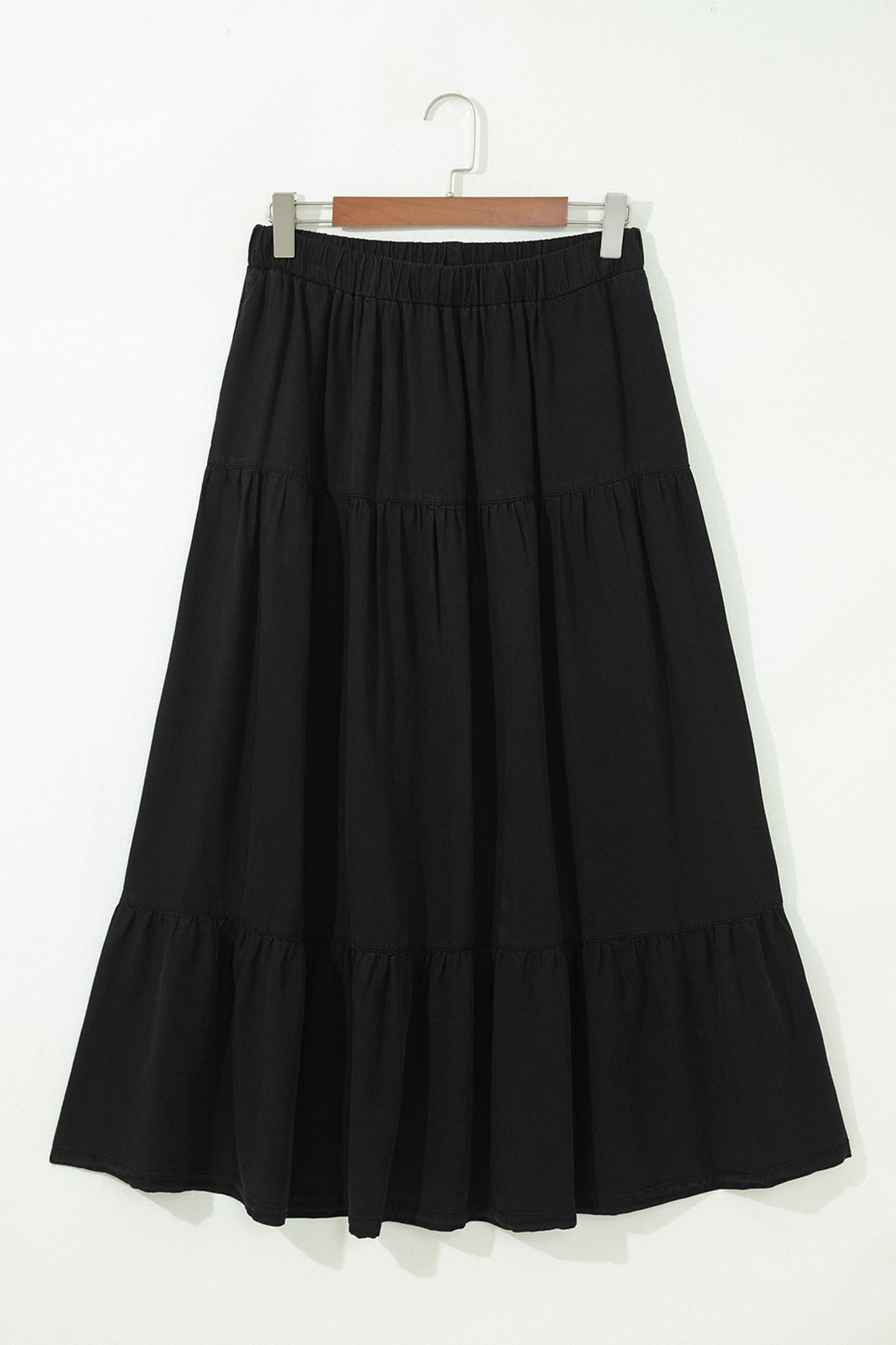 Denim Ruffle Tiered Flared Maxi Skirt