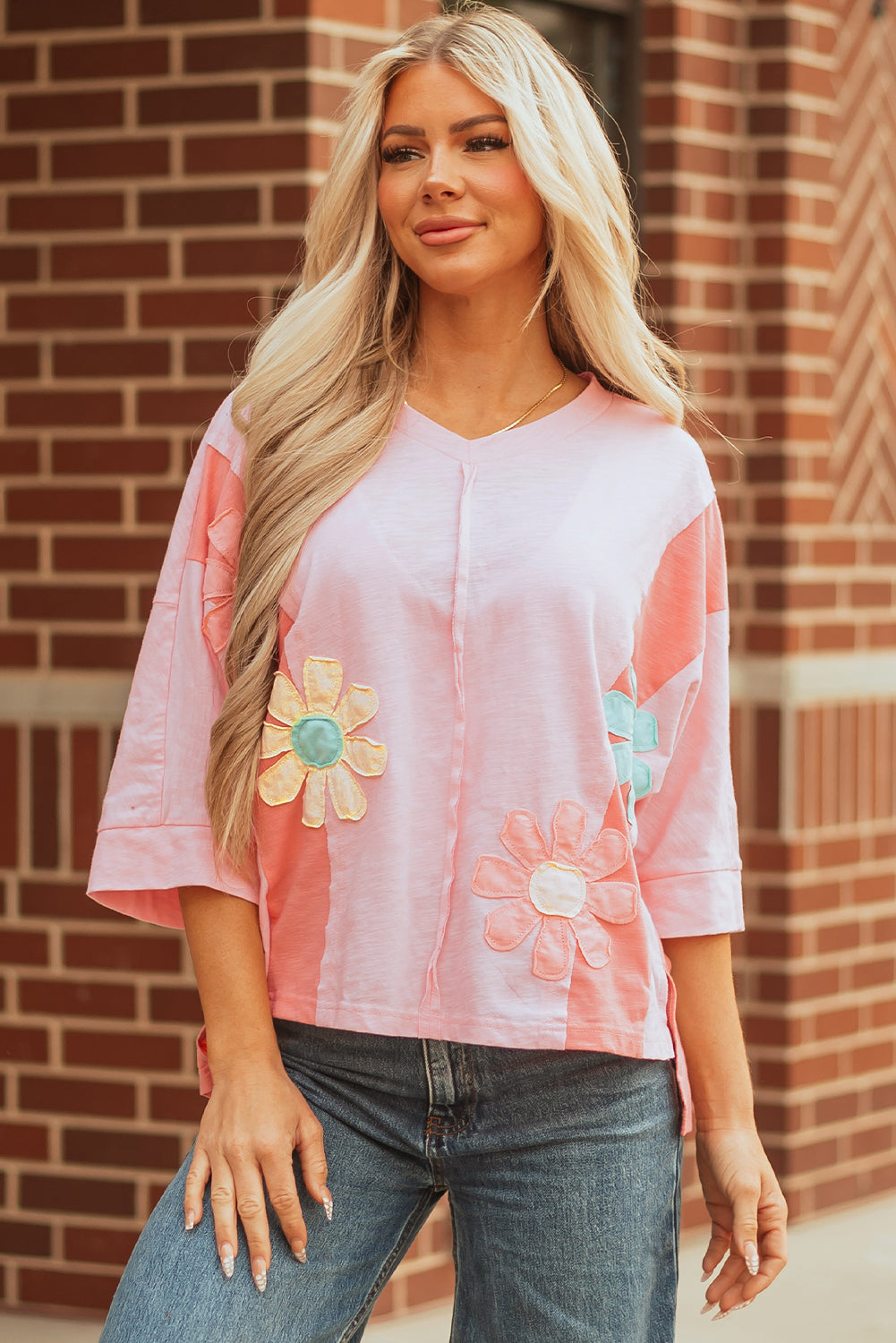 Flower Patch Exposed Seam 3/4 Sleeve T-Shirt