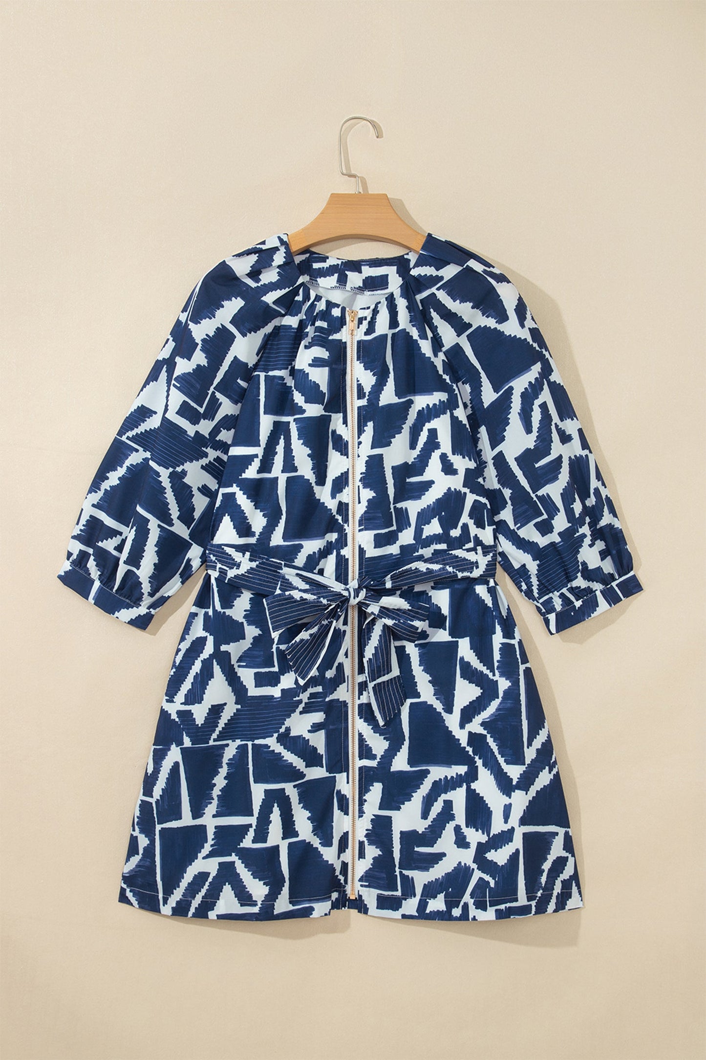 Abstract Geometric Zip Front Tie Waist Shift Dress