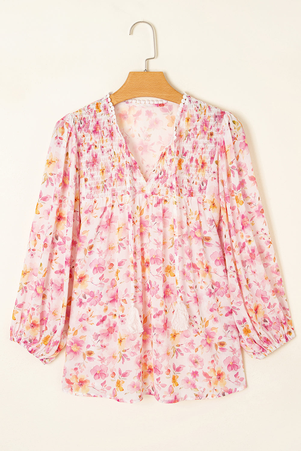 Floral Tassel Tie Smocked Blouse