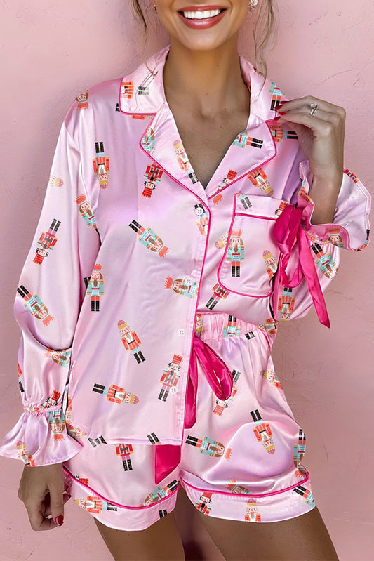 Nutcracker Contrast Trim Bow Tie Pajama Set