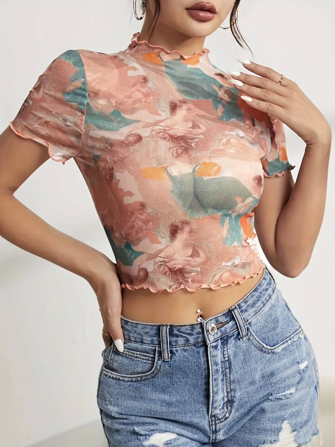 Abstract Print Ruffled Mock Neck Crop T-Shirt | Trendy Streetwear – Bona Fide Fashion