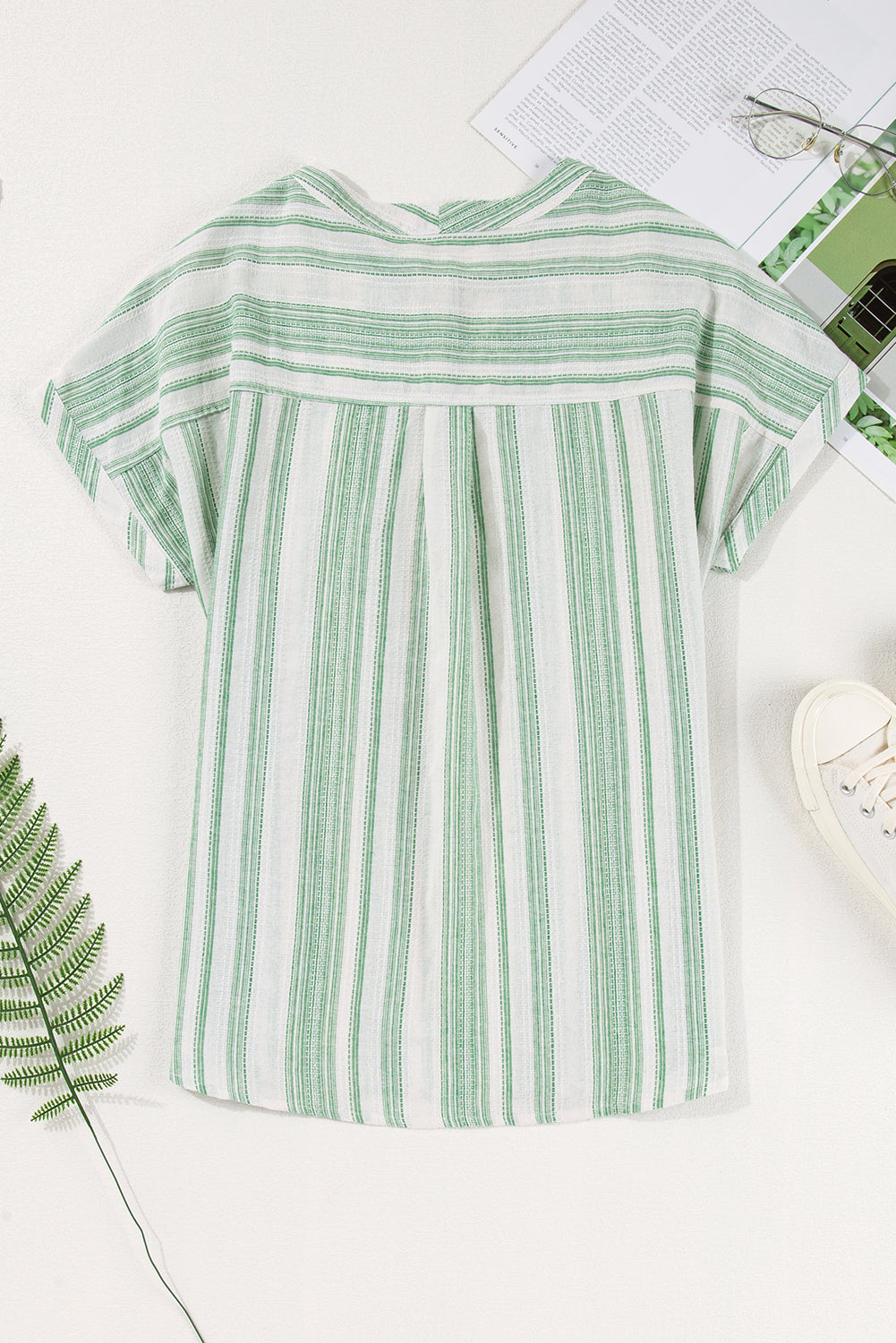 Stripe Half Buttoned Short Sleeve Blouse