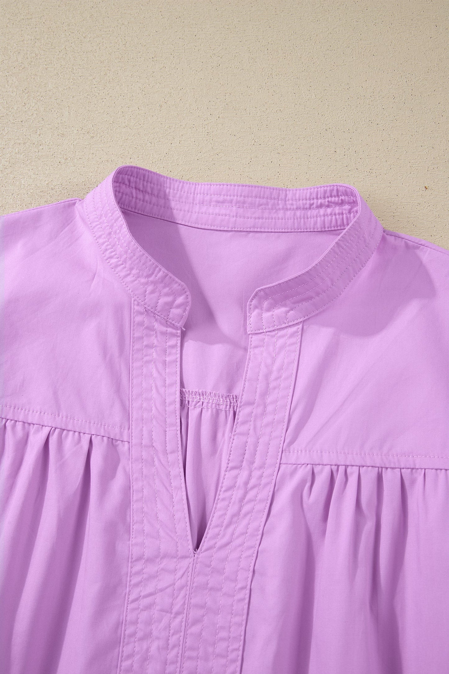 Solid Stitched V-Neck Short Puff Sleeve Blouse