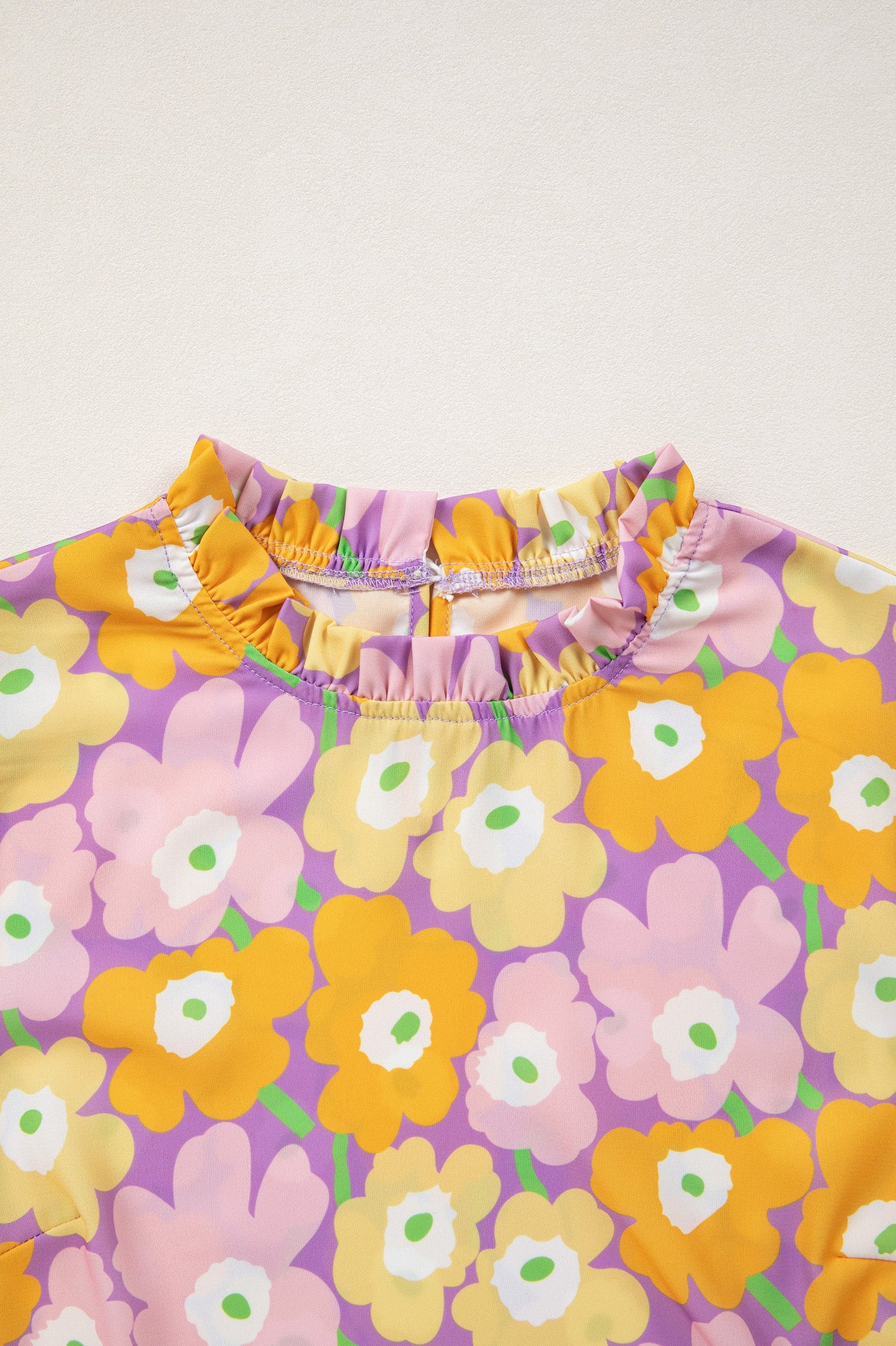 Floral Frilled Neck Puff Short Sleeve Top