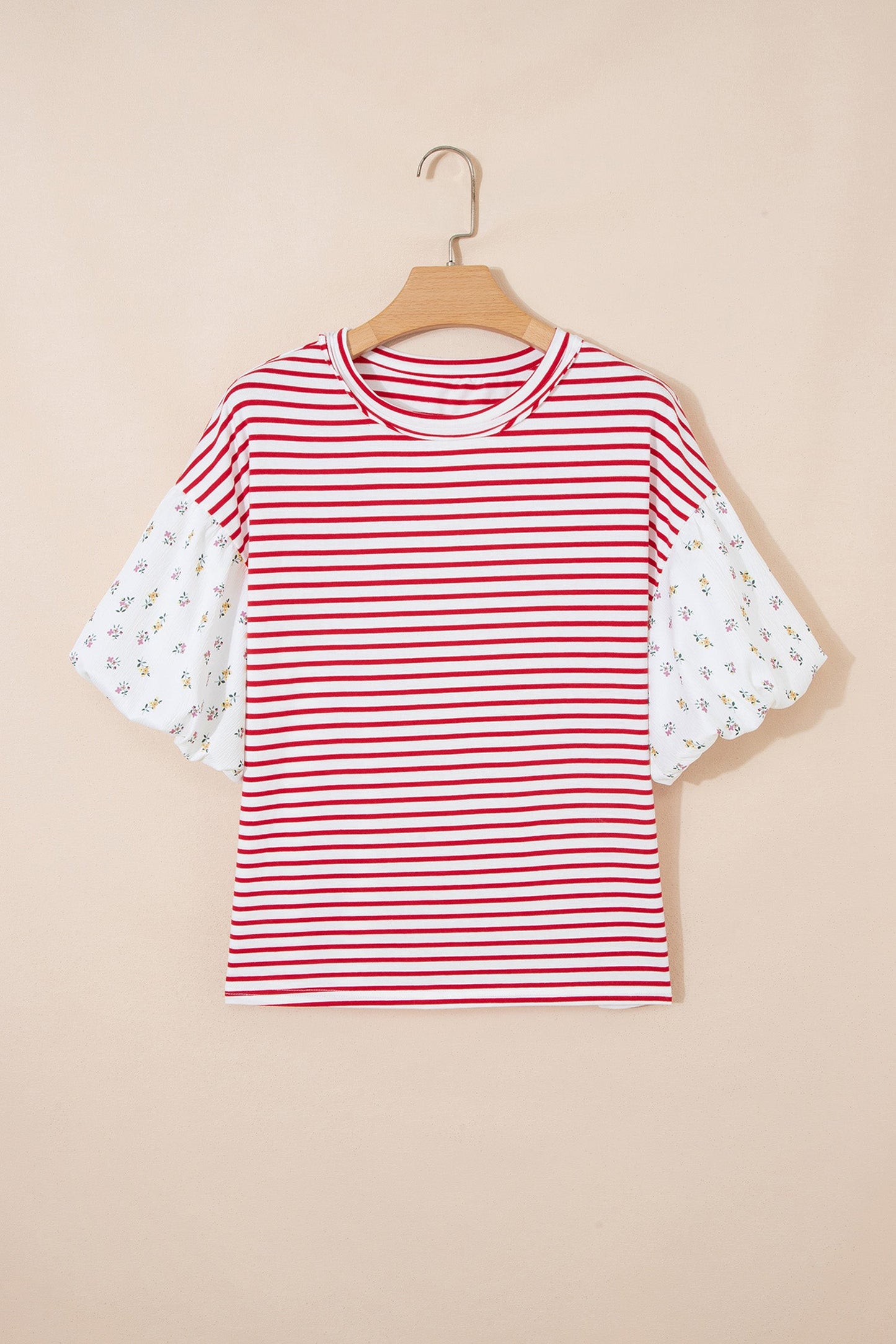 Floral Stripe Patchwork Puff Sleeve Round Neck Top