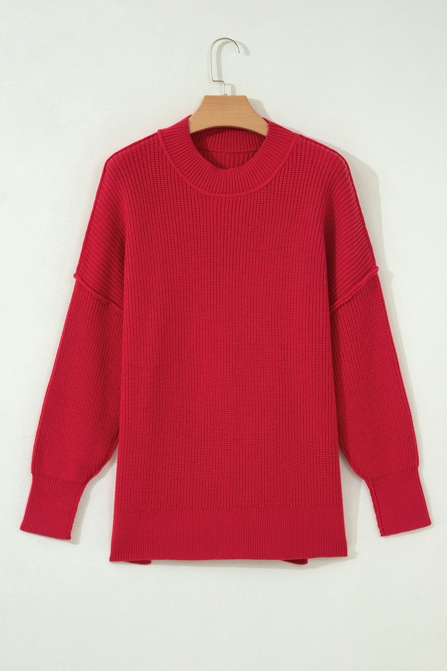 Exposed Hem Drop Shoulder Ribbed Knit Sweater