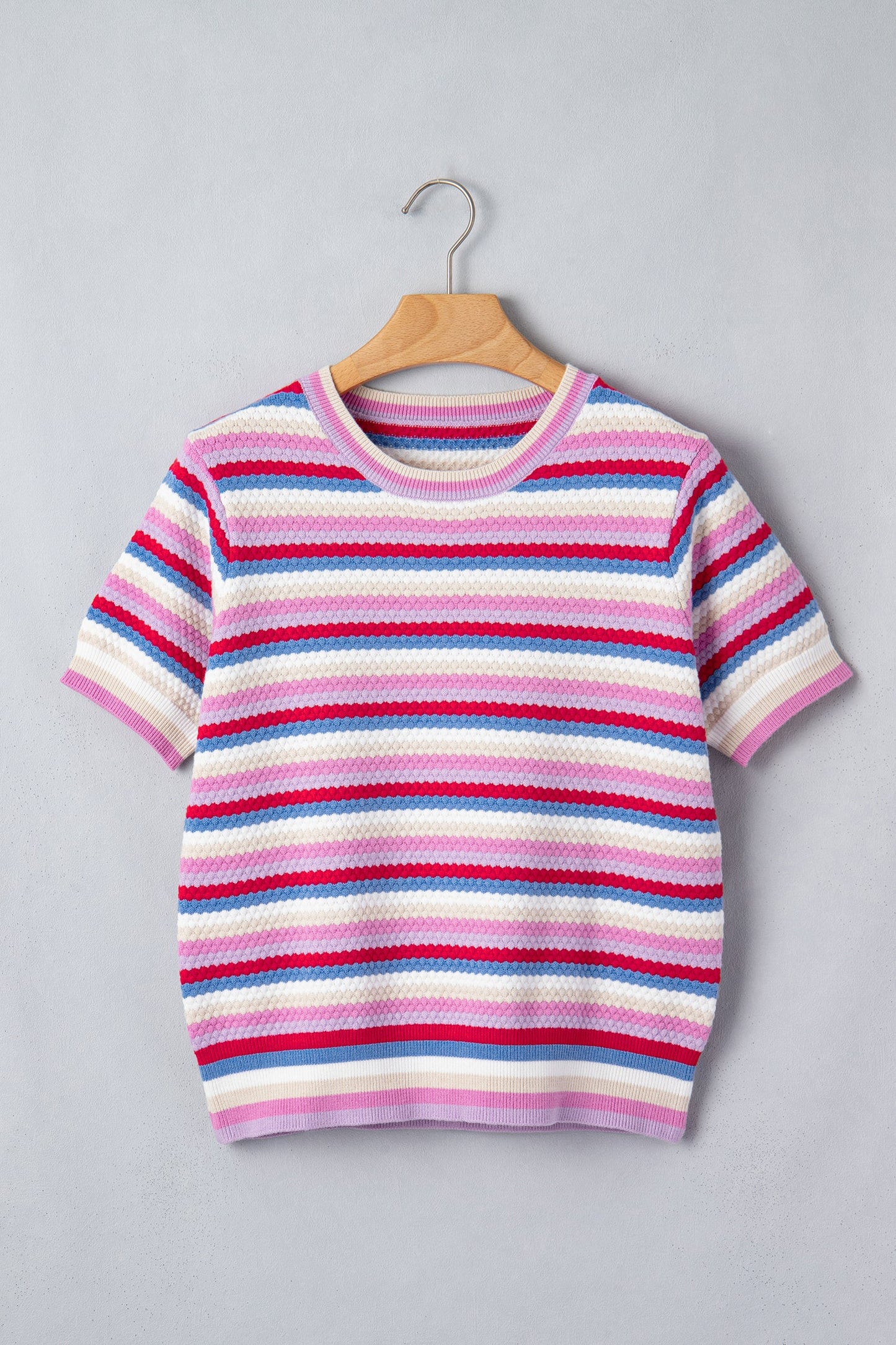 Stripe Textured Knit Short Sleeve Sweater