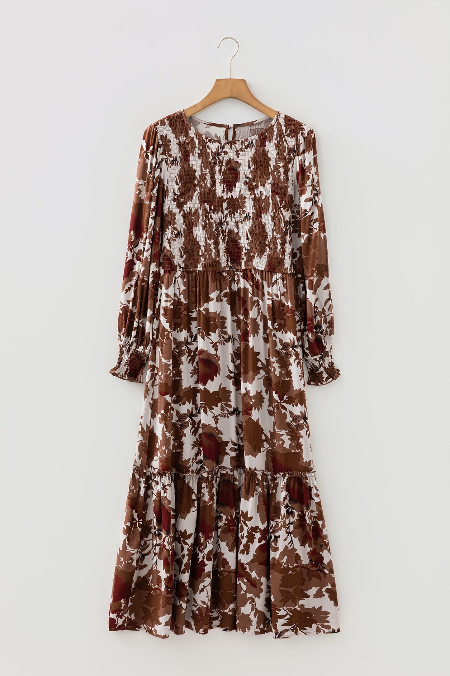 Floral Puff Sleeve Smocked Bodice Ruffle Long Dress