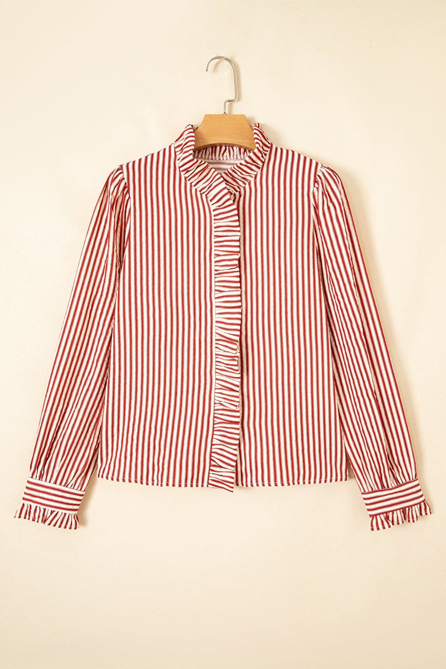 Stripe Textured Ruffle Trim Button-Up Long Sleeve Shirt