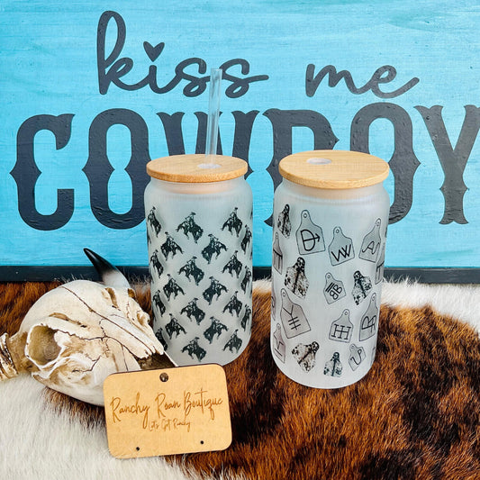 Cowhide Cattle Tag Frosted Glass Western 16 oz Tumbler