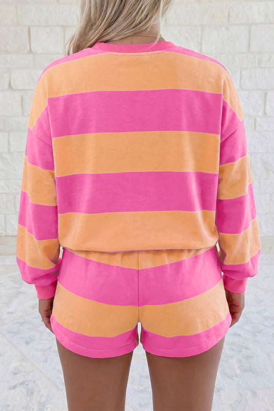 Stripe Long Sleeve Top & Drawstring Shorts Set