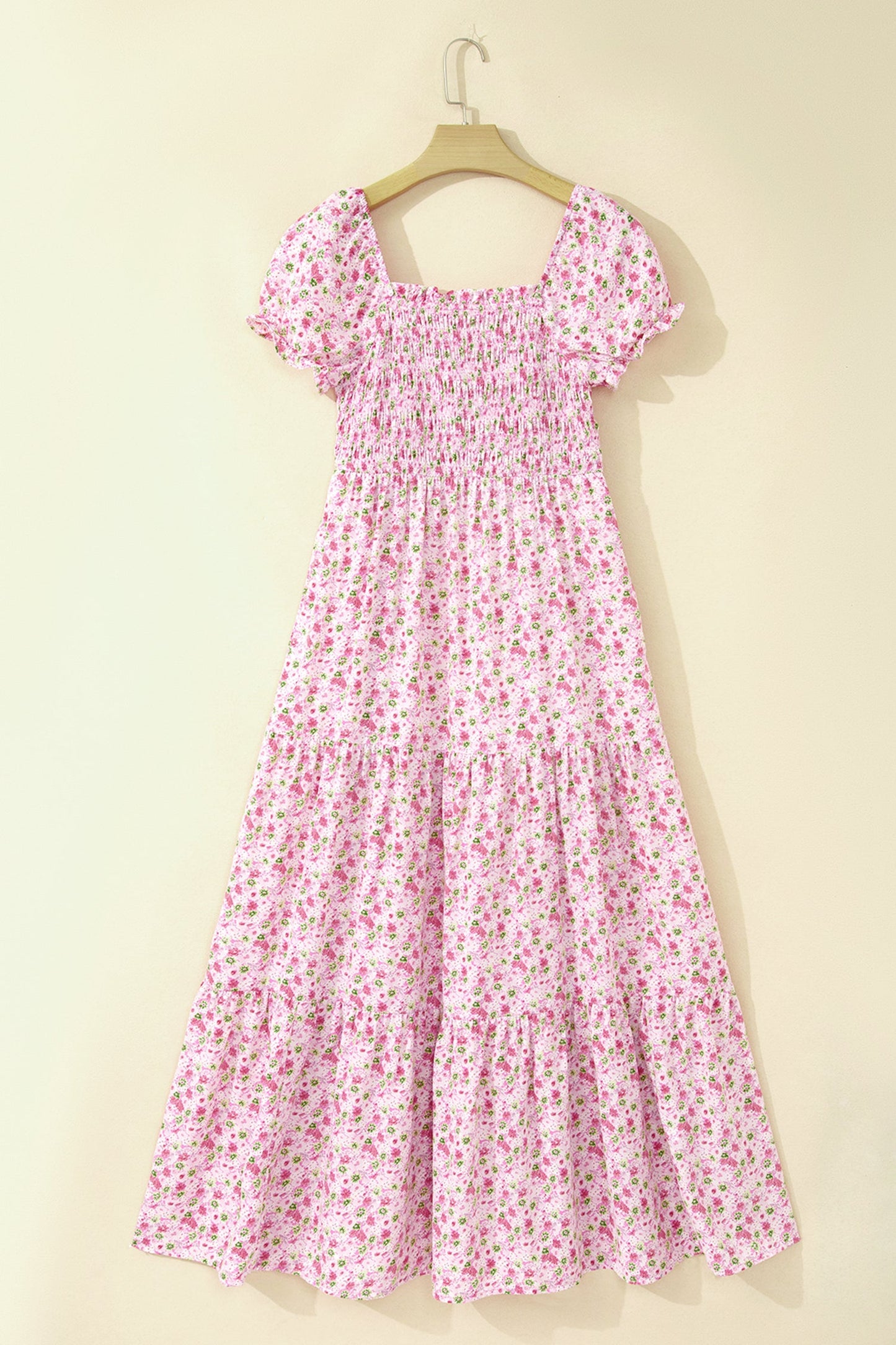 Floral Bubble Sleeve Shirred Waist Maxi Dress