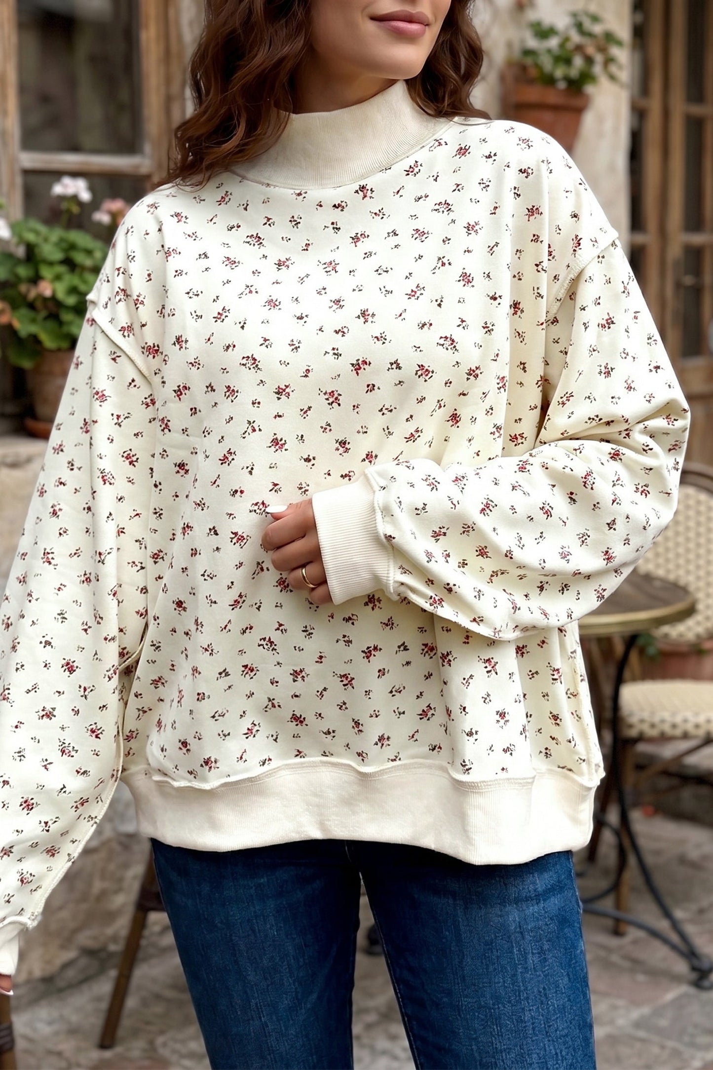 Floral Ribbed High Neck Exposed Hem Baggy Sweatshirt