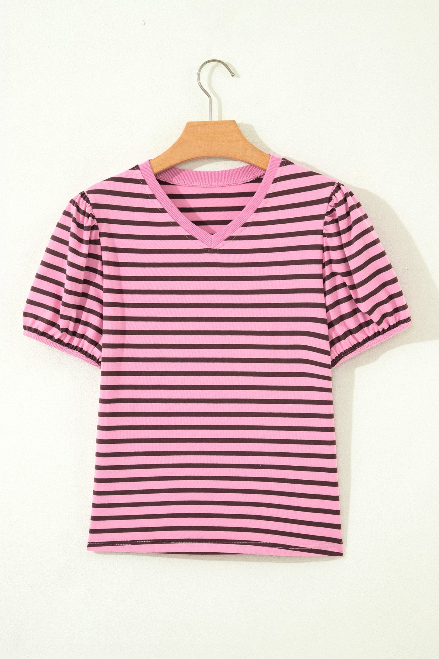 Stripe Ribbed Trim V-Neck Puff Sleeve Top
