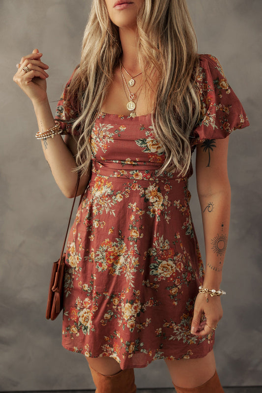 Floral Puff Sleeve Open Back Mini Dress