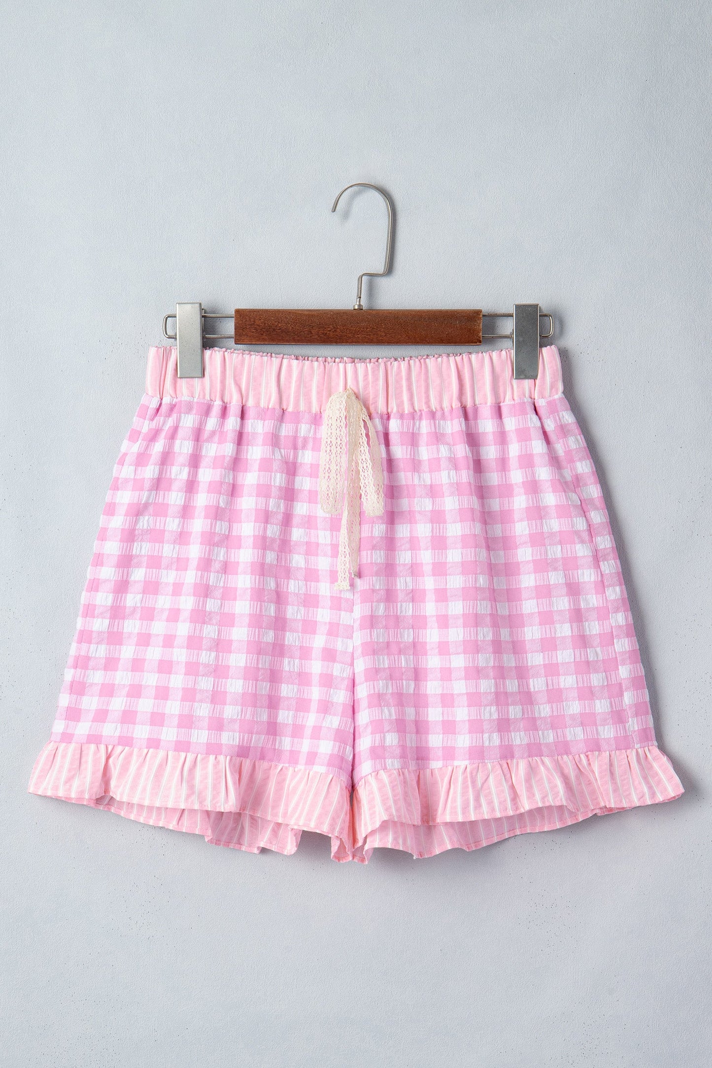 Gingham Ruffle Stripe Patchwork Lace Tie Shorts